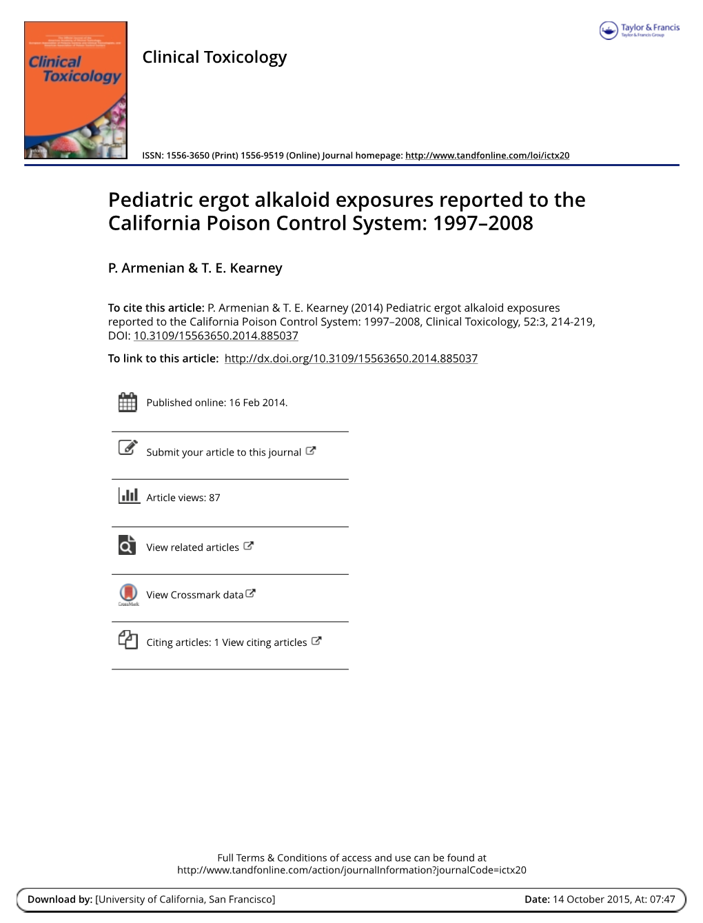 Pediatric Ergot Alkaloid Exposures Reported to the California Poison Control System: 1997–2008