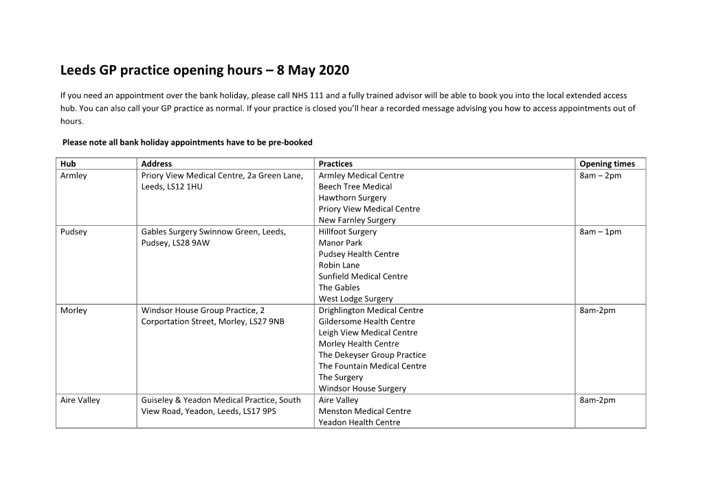 Leeds GP Practice Opening Hours – 8 May 2020