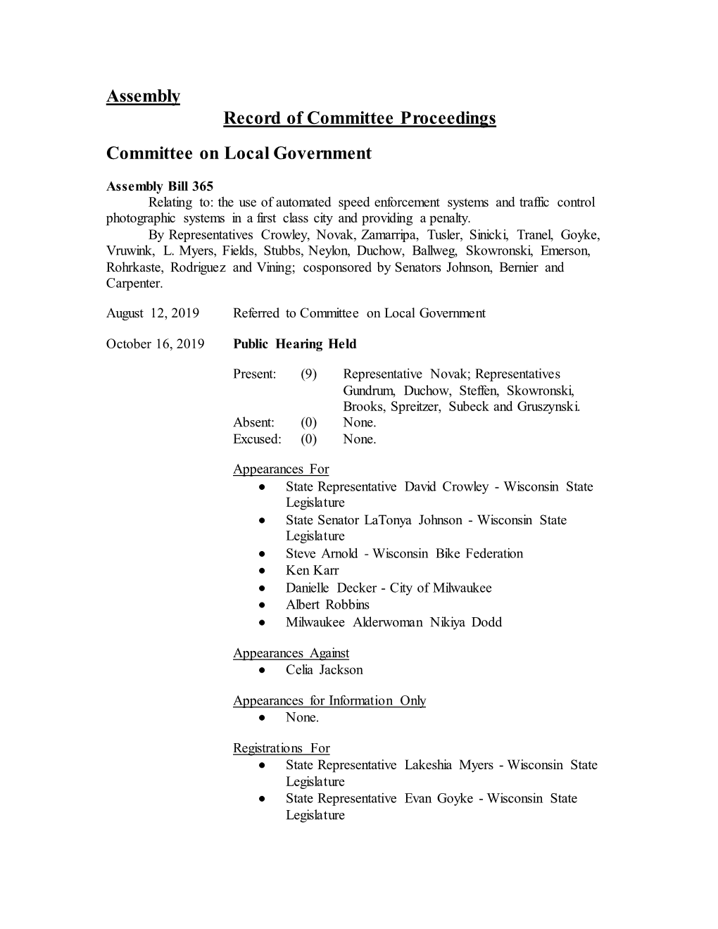 Assembly Record of Committee Proceedings Committee on Local