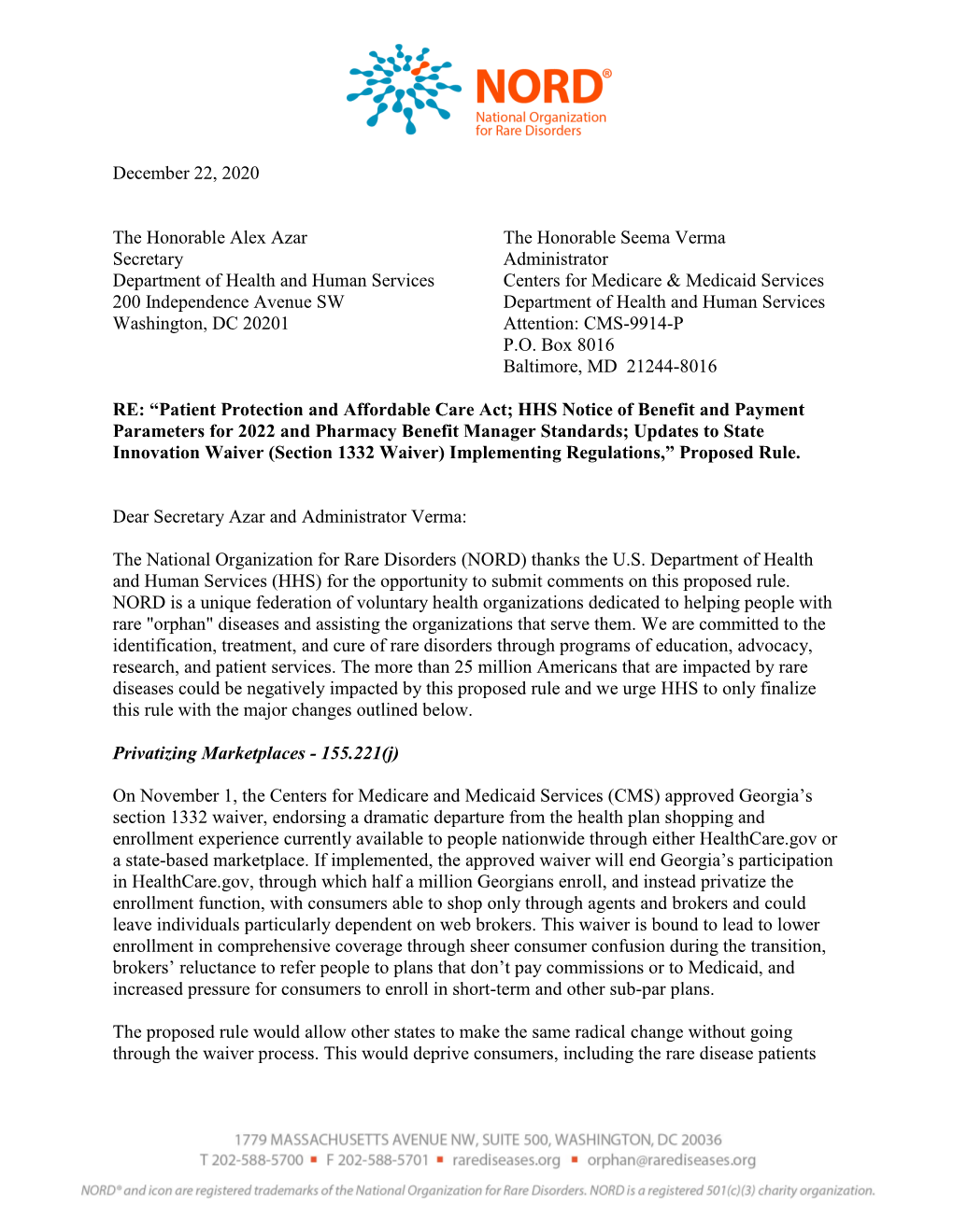 December 22, 2020 the Honorable Alex Azar the Honorable Seema