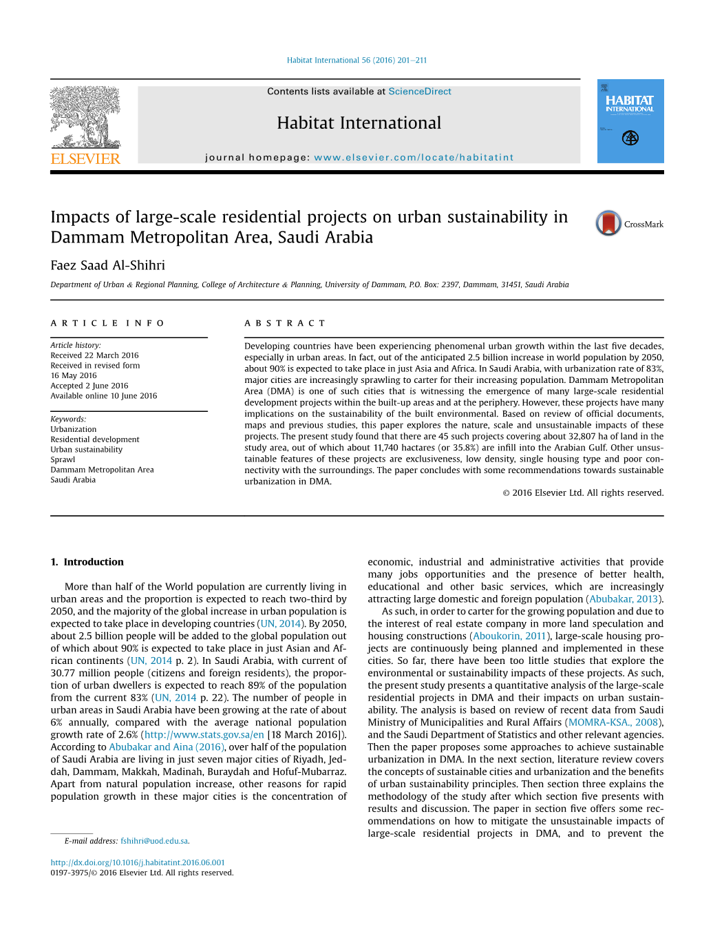 Impacts of Large-Scale Residential Projects on Urban Sustainability in Dammam Metropolitan Area, Saudi Arabia