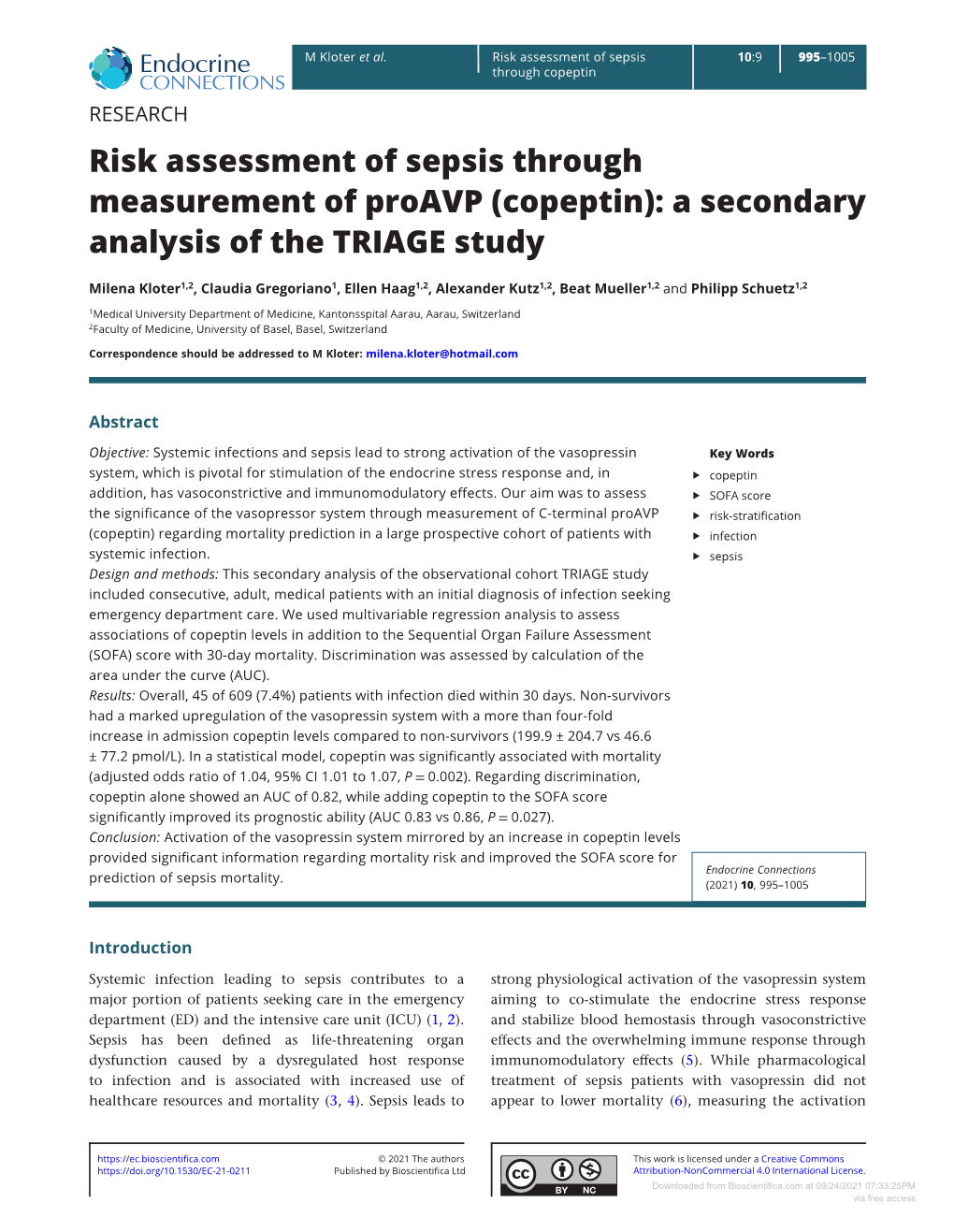 Risk Assessment of Sepsis Through Measurement of Proavp (Copeptin): a Secondary Analysis of the TRIAGE Study