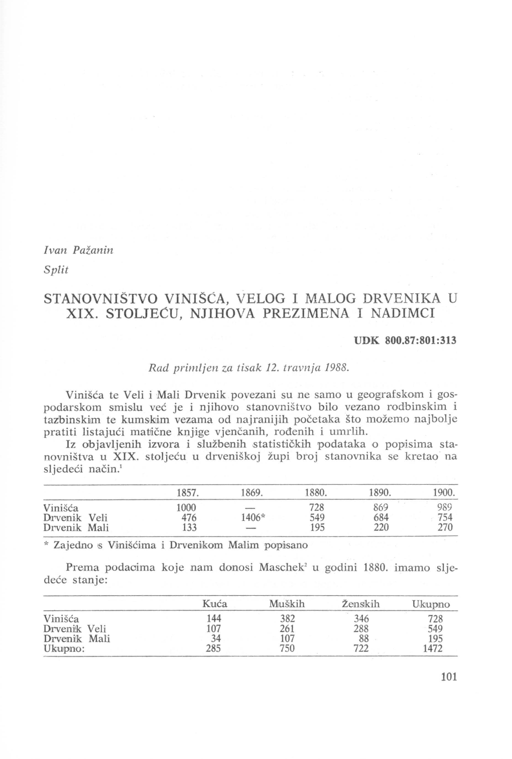 Stanovništvo Vinisća, Velog I Malog Drvenika U Xix. Stoljeću, Njihova Prezimena I Nadimci