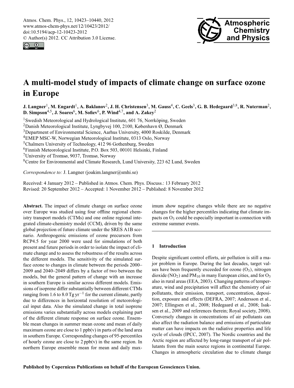 A Multi-Model Study of Impacts of Climate Change on Surface Ozone in Europe