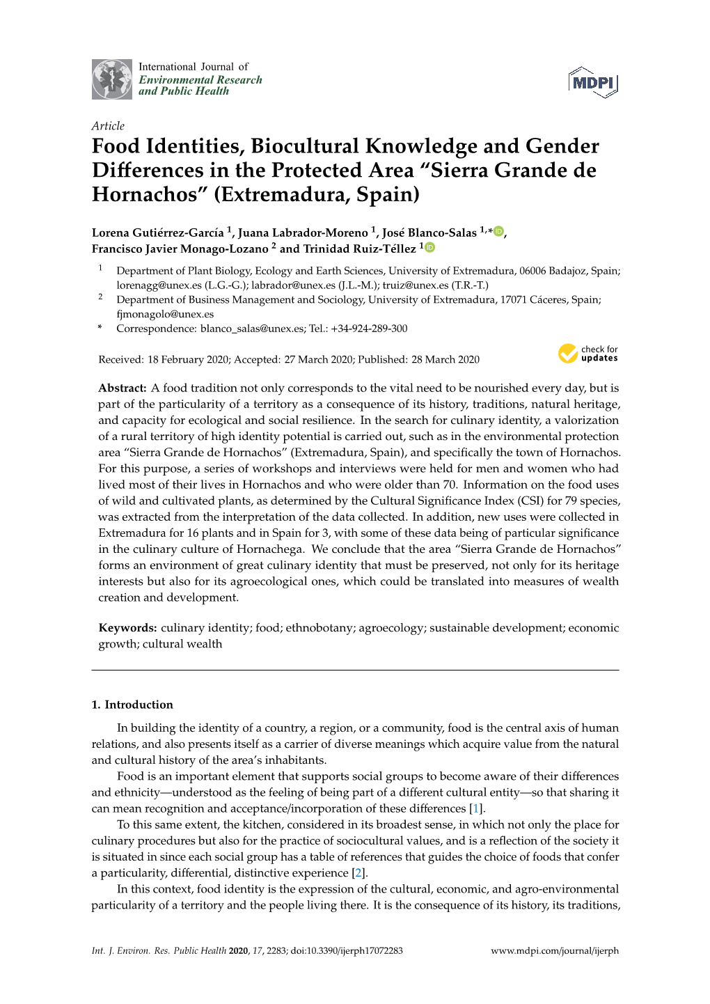 Food Identities, Biocultural Knowledge and Gender Diﬀerences in the Protected Area “Sierra Grande De Hornachos” (Extremadura, Spain)