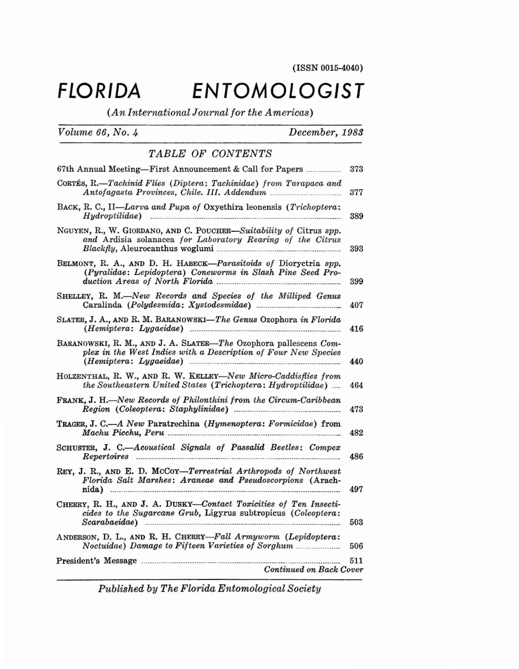 FLORIDA ENTOMOLOGIST (An International Journal for the Americas)