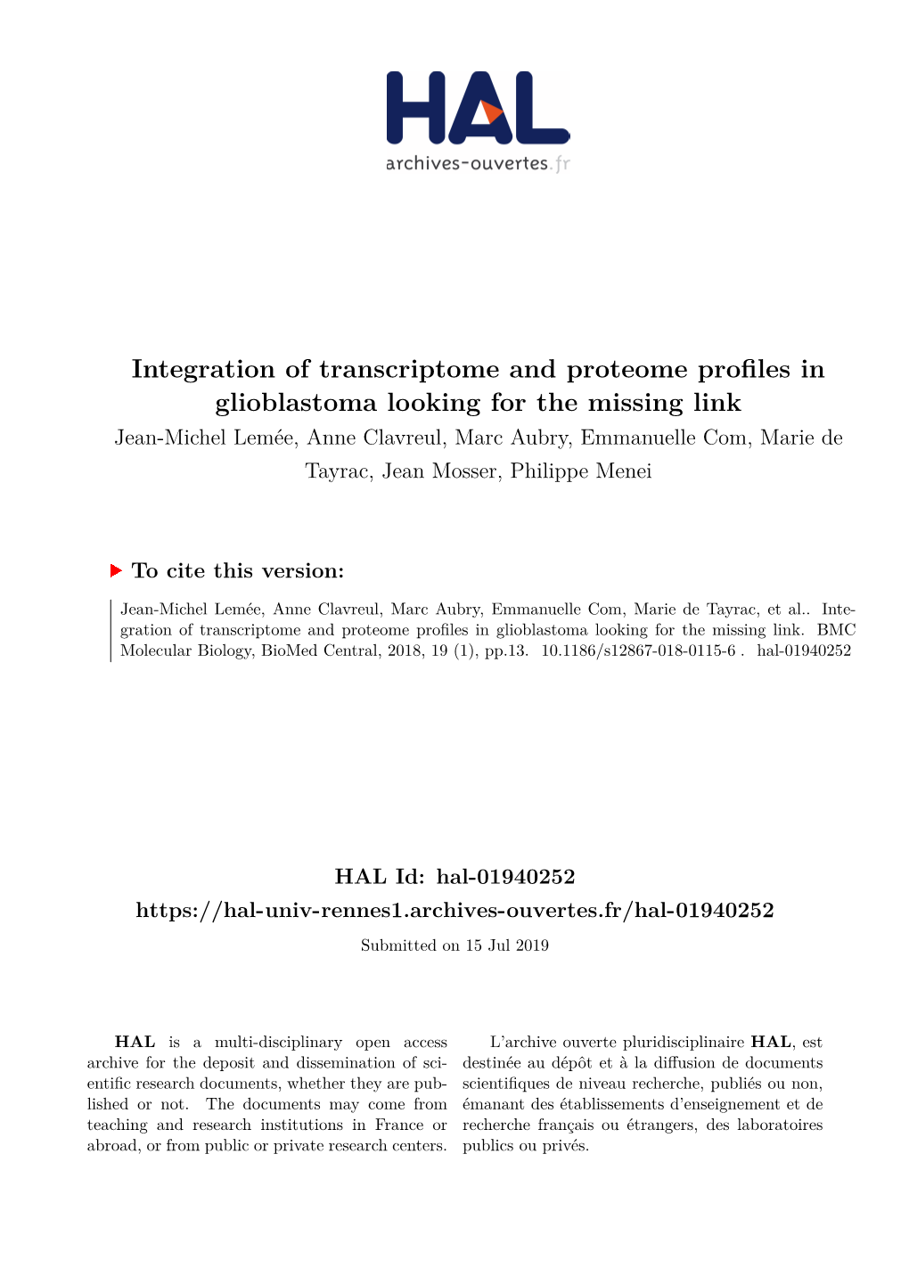 Integration of Transcriptome and Proteome Profiles in Glioblastoma