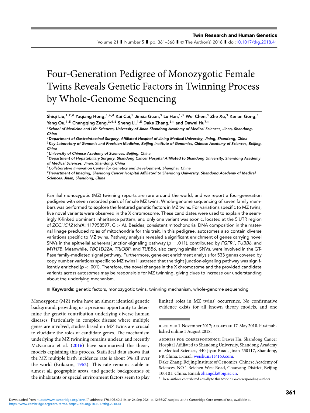 Four-Generation Pedigree of Monozygotic Female Twins Reveals Genetic Factors in Twinning Process by Whole-Genome Sequencing