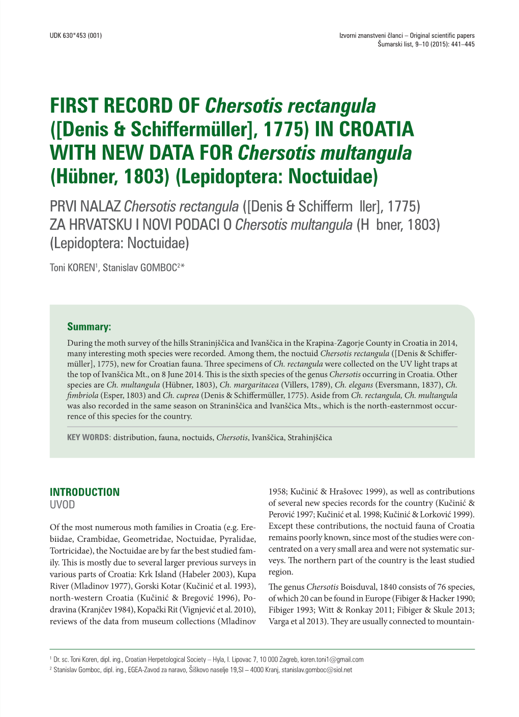 FIRST RECORD of Chersotis Rectangula ([Denis & Schiffermüller], 1775) in CROATIA with NEW DATA for Chersotis Multangula (H