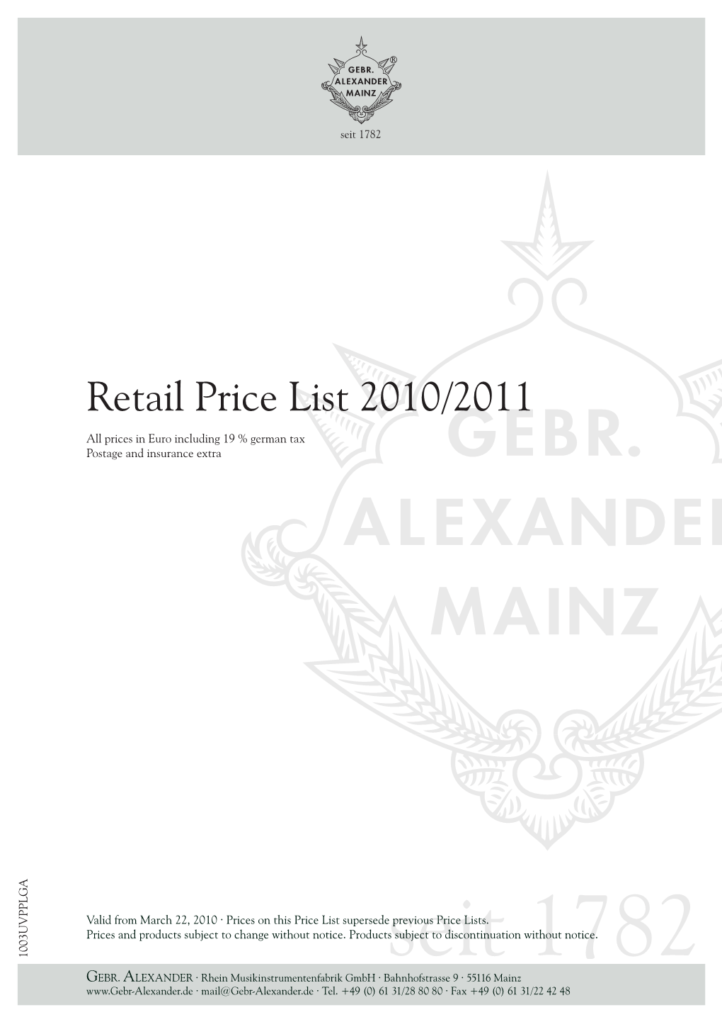 Retail Price List 2010/2011