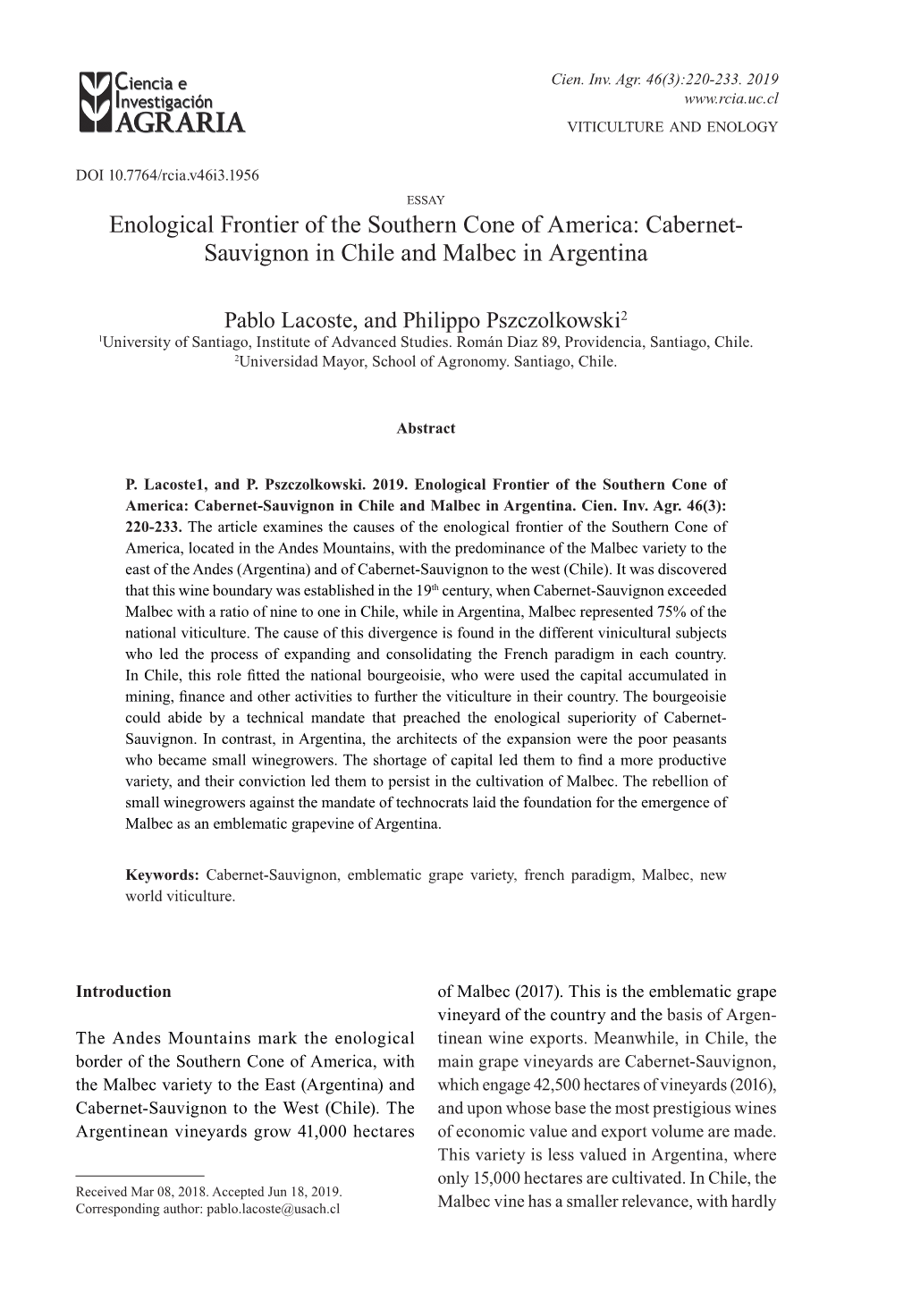 Enological Frontier of the Southern Cone of America: Cabernet- Sauvignon in Chile and Malbec in Argentina