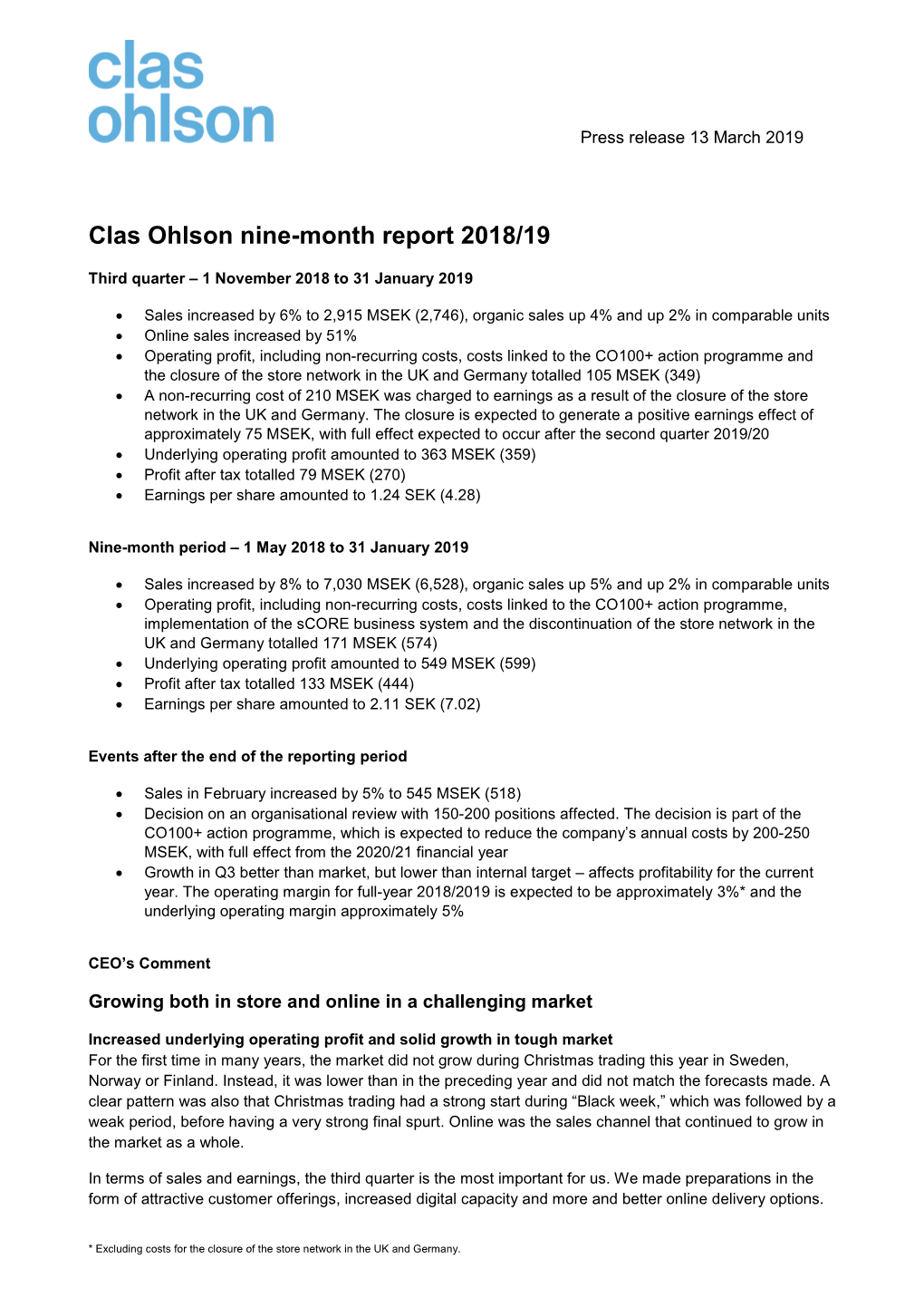 Press Release Clas Ohlson Nine Month Report 2018-19