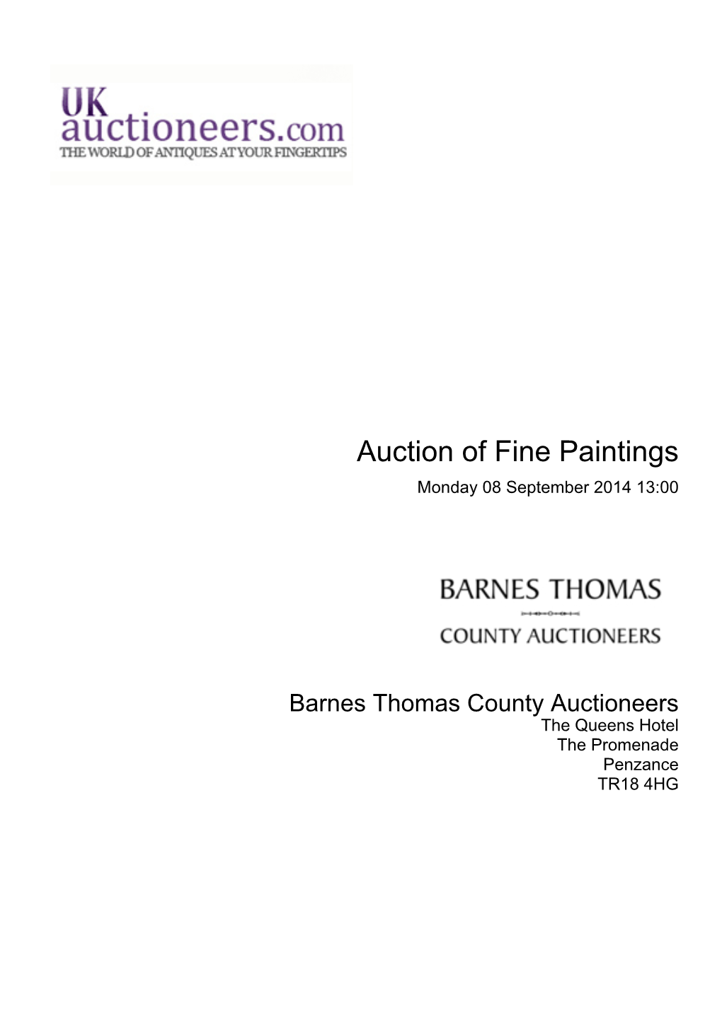 Auction of Fine Paintings Monday 08 September 2014 13:00