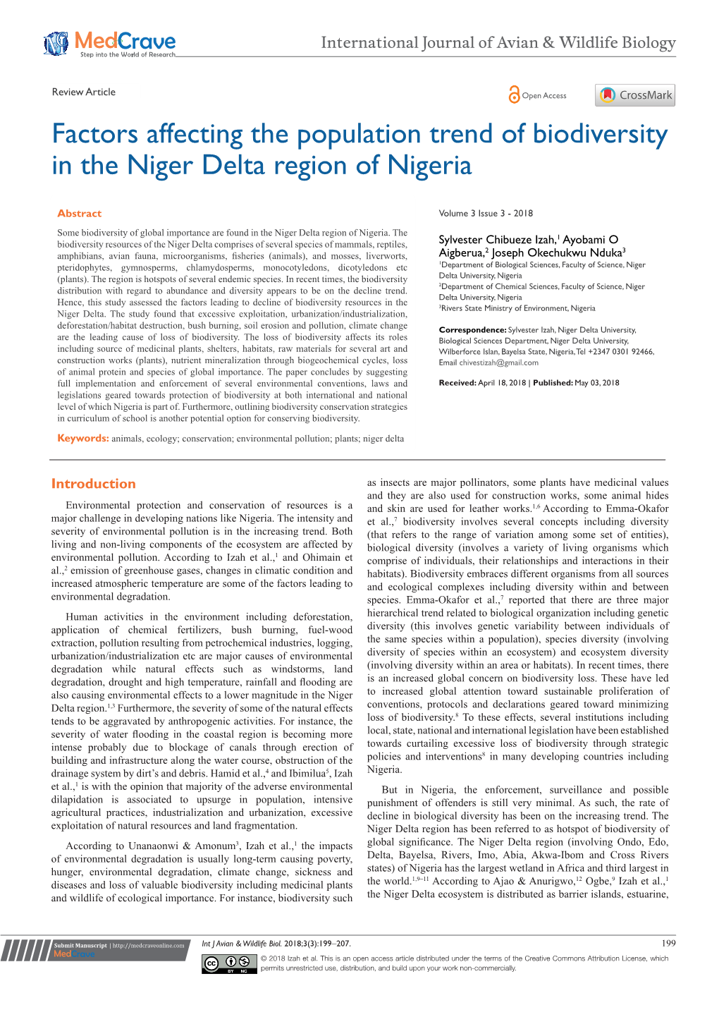 Factors Affecting the Population Trend of Biodiversity in the Niger Delta Region of Nigeria