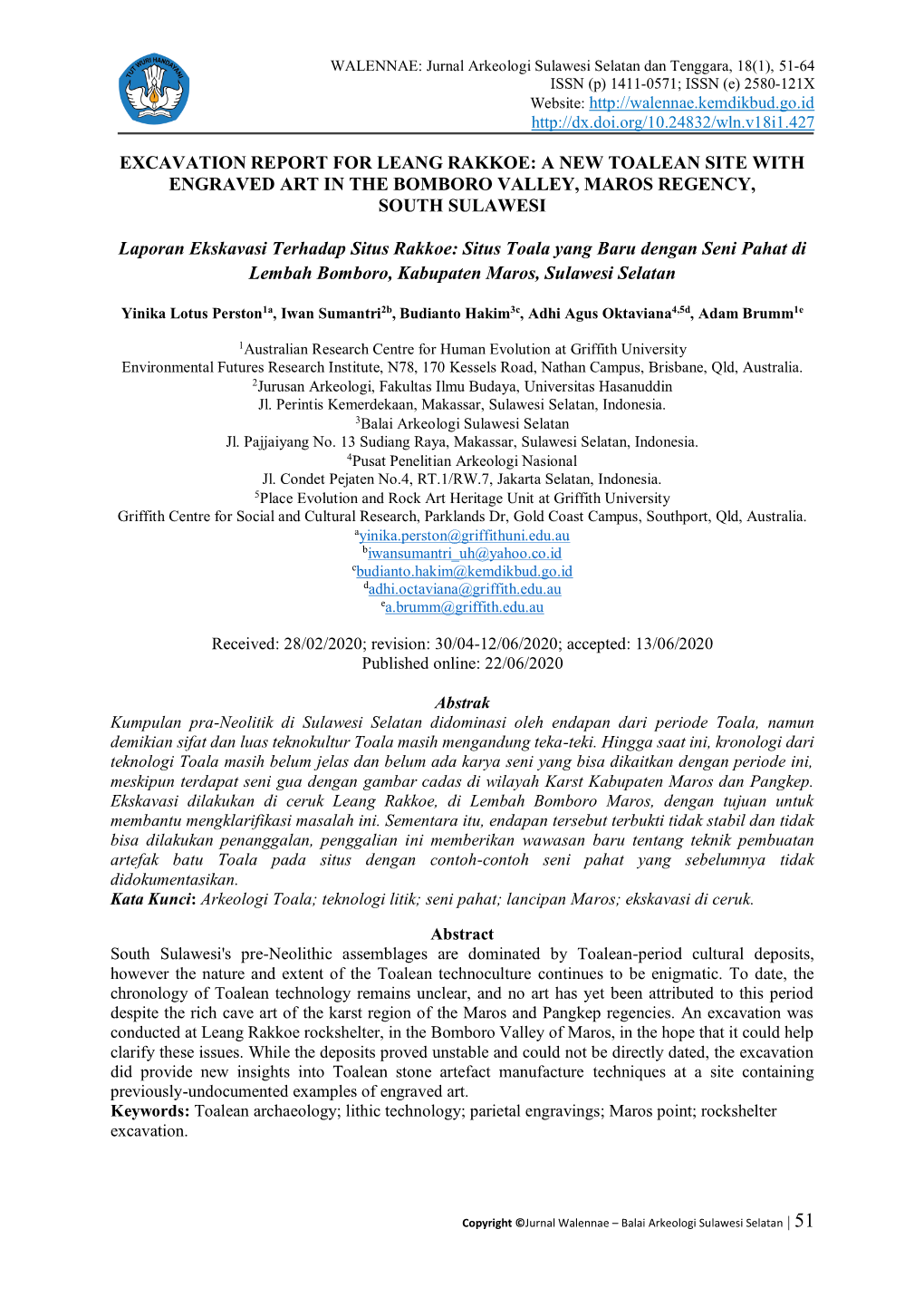 Excavation Report for Leang Rakkoe: a New Toalean Site with Engraved Art in the Bomboro Valley, Maros Regency, South Sulawesi