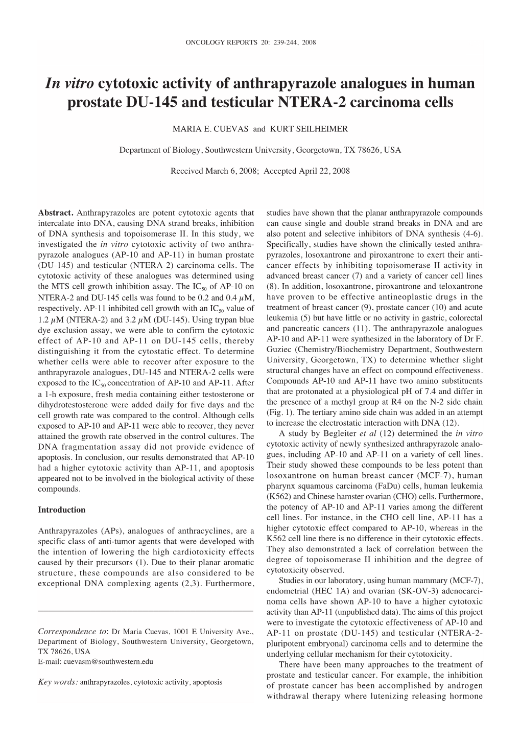 In Vitro Cytotoxic Activity of Anthrapyrazole Analogues in Human Prostate DU-145 and Testicular NTERA-2 Carcinoma Cells