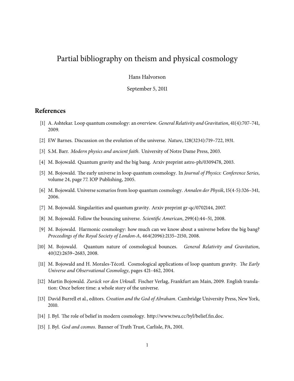 Partial Bibliography on Theism and Physical Cosmology