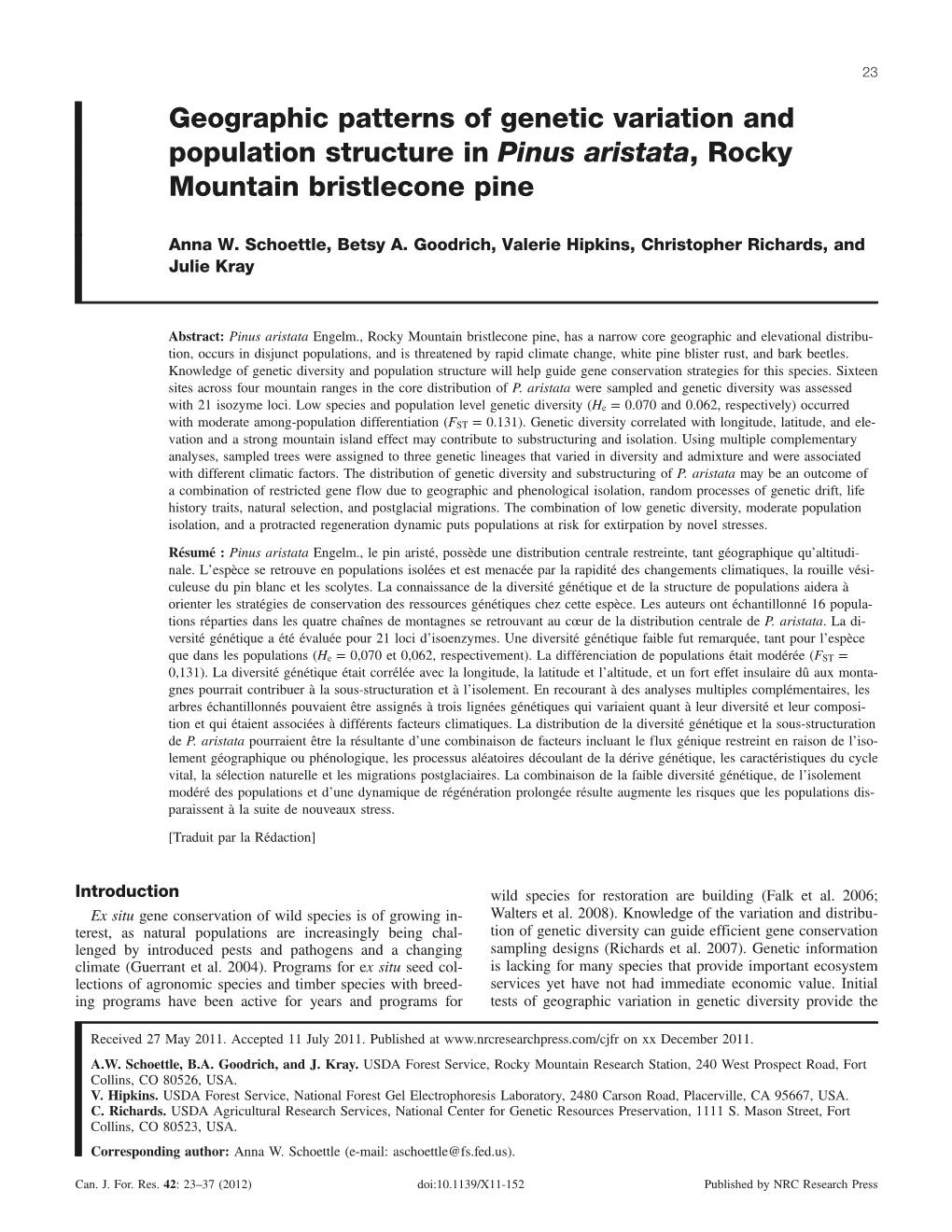 Geographic Patterns of Genetic Variation and Population Structure in Pinus Aristata, Rocky Mountain Bristlecone Pine