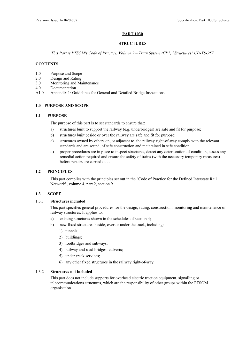 Revision: Issue 1 04/09/07 Specification: Part 1030 Structures