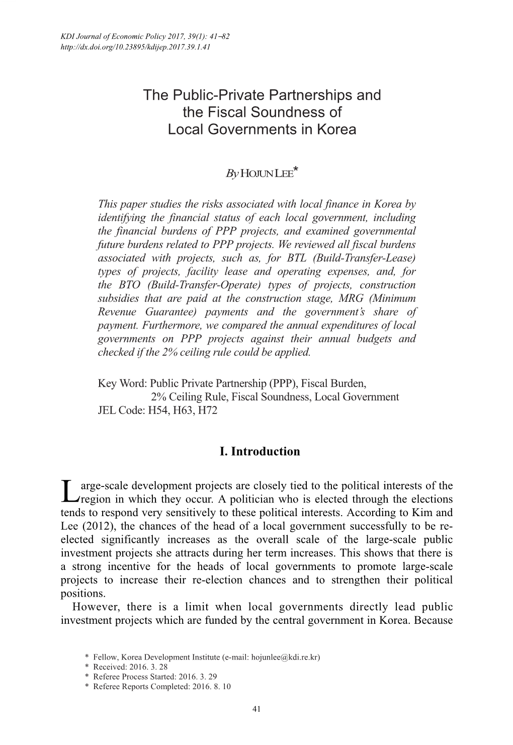 The Public-Private Partnerships and the Fiscal Soundness of Local Governments in Korea