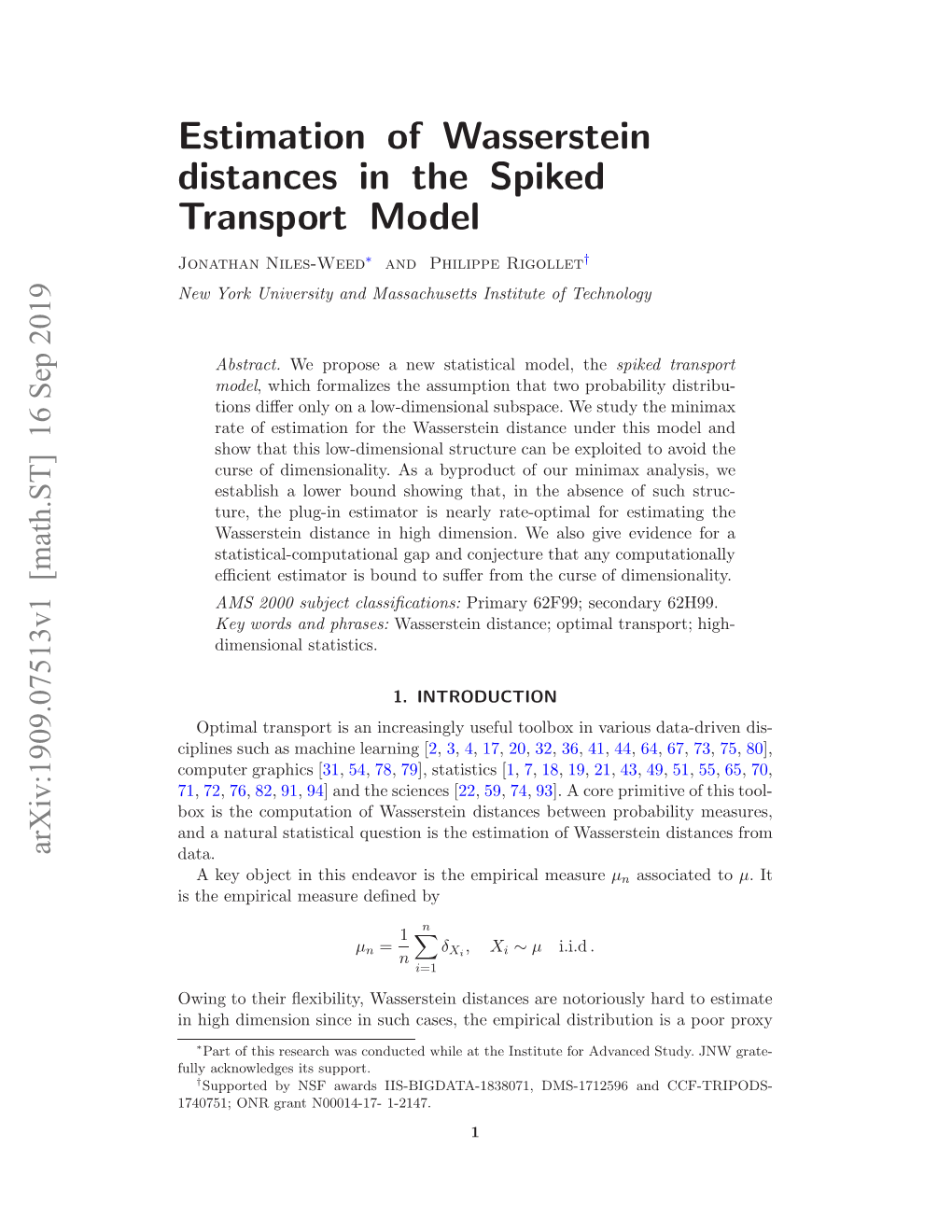 Estimation of Wasserstein Distances in the Spiked Transport Model