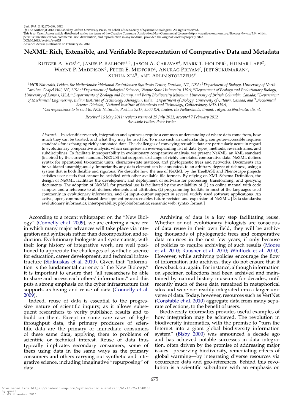 Nexml: Rich, Extensible, and Verifiable Representation of Comparative Data and Metadata