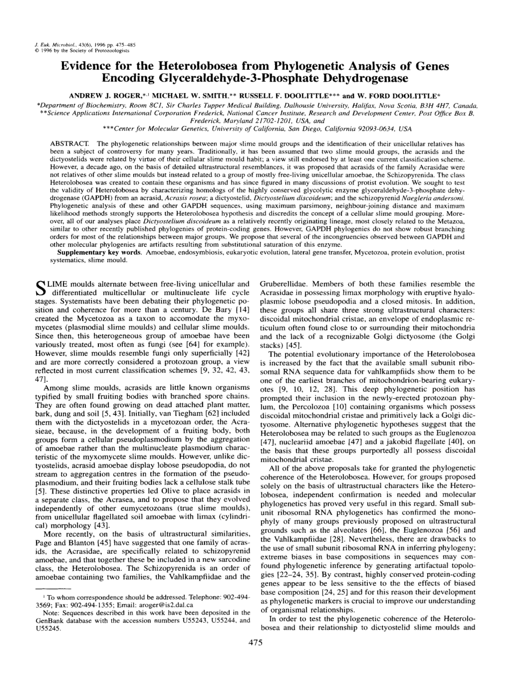 Evidence for the Heterolobosea from Phylogenetic Analysis of Genes Encoding Glyceraldehyde-3-Phosphate Dehydrogenase