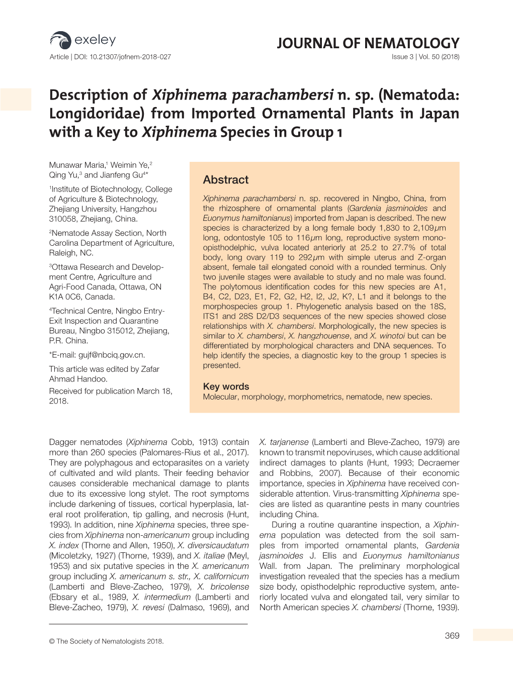 JOURNAL of NEMATOLOGY Description of Xiphinema