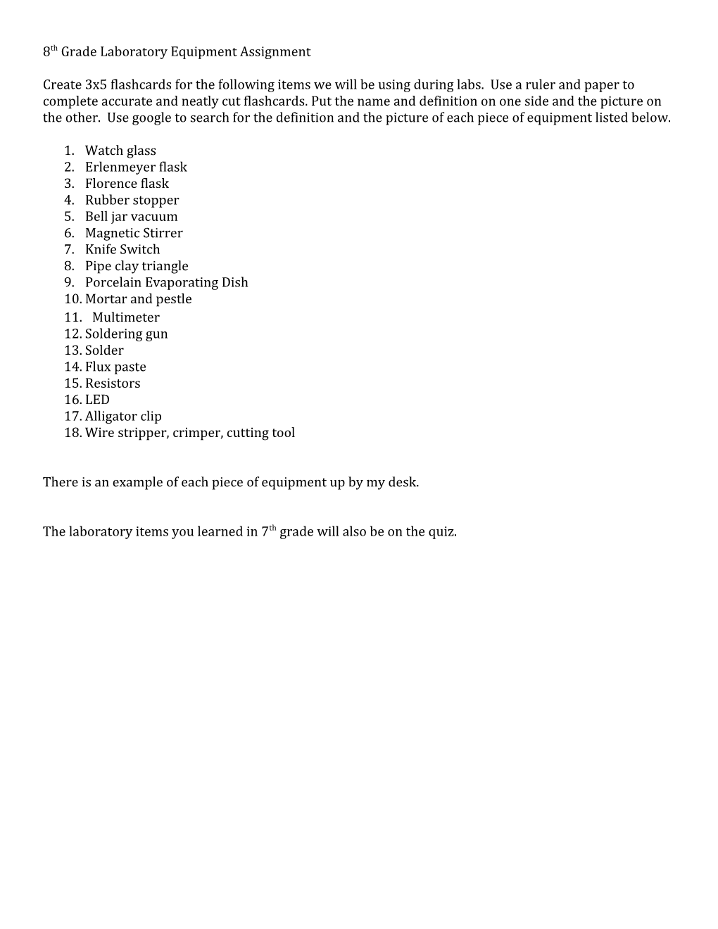 8Th Grade Laboratory Equipment Assignment