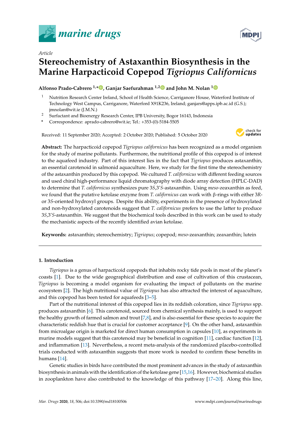 Stereochemistry of Astaxanthin Biosynthesis in the Marine Harpacticoid Copepod Tigriopus Californicus