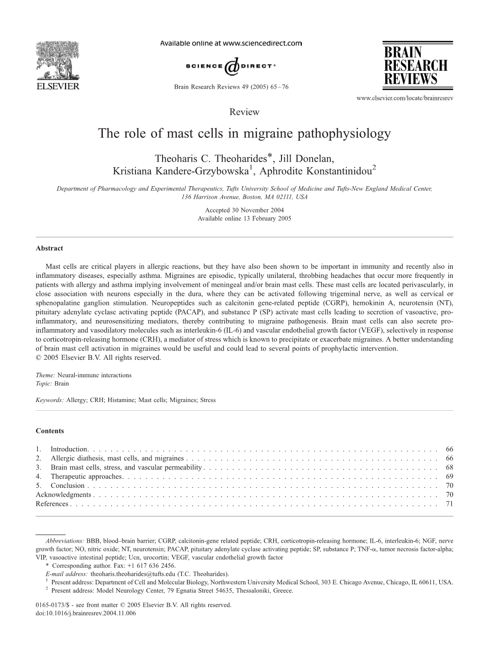 The Role of Mast Cells in Migraine Pathophysiology