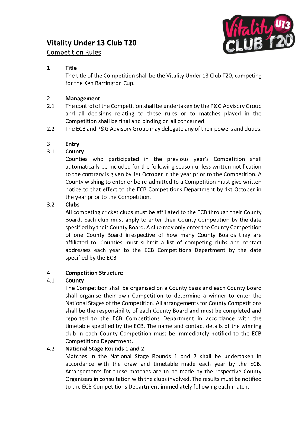 Vitality Under 13 Club T20 Competition Rules