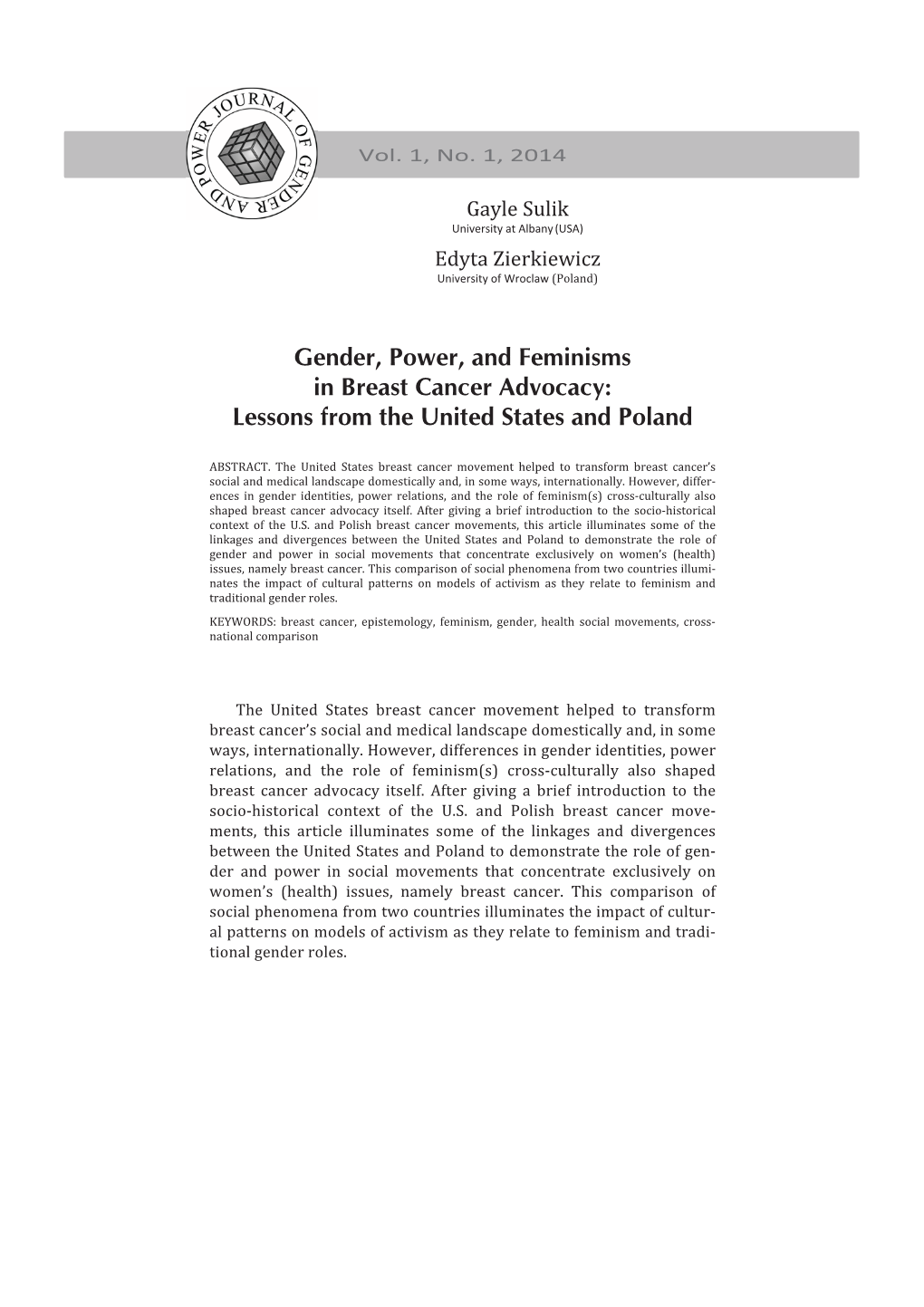 Gender, Power, and Feminisms in Breast Cancer Advocacy: Lessons from the United States and Poland