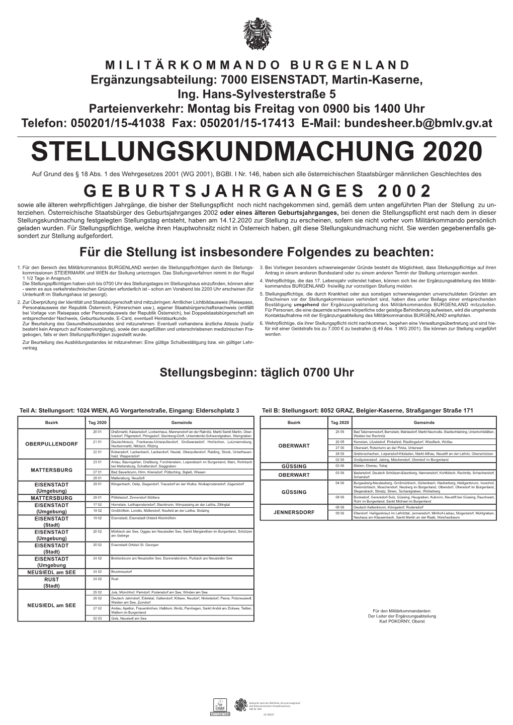 STELLUNGSKUNDMACHUNG 2020 Auf Grund Des § 18 Abs