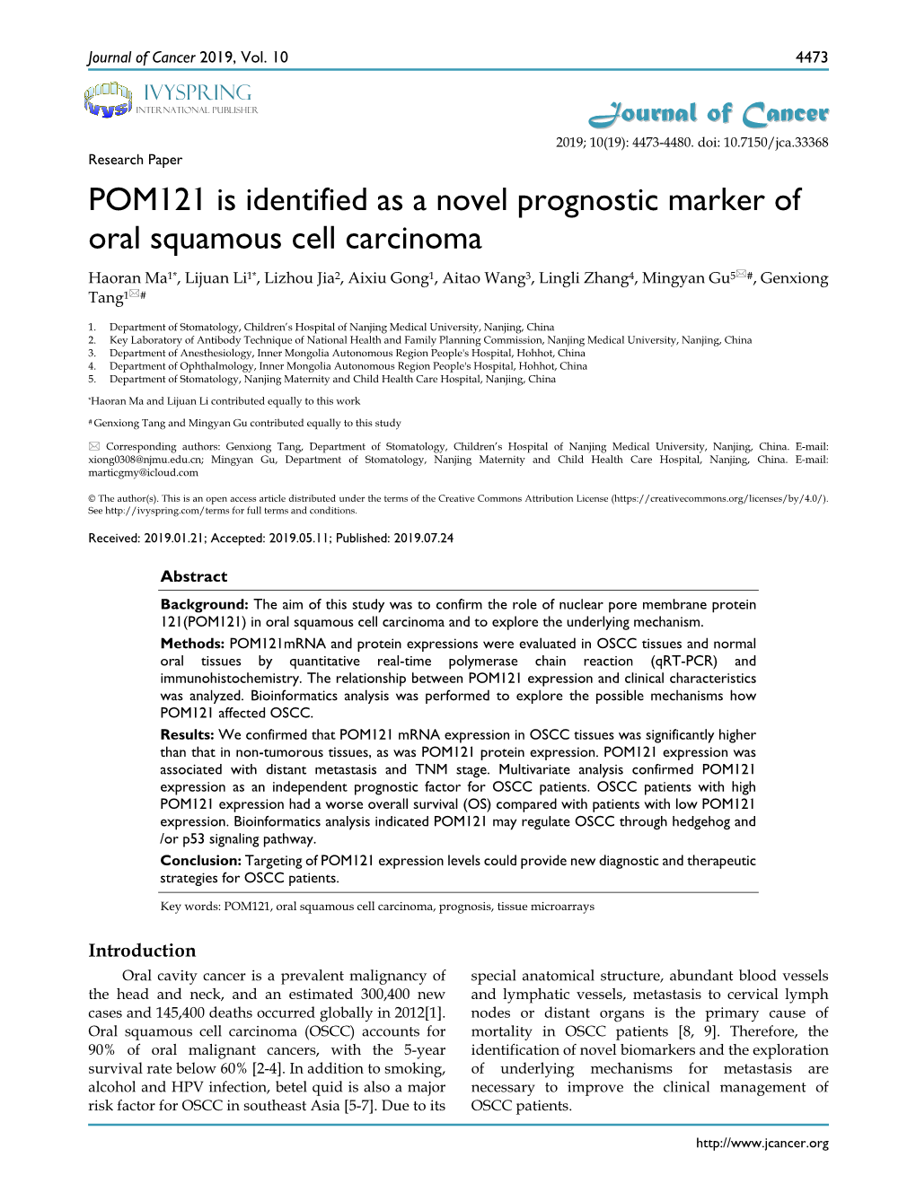 POM121 Is Identified As a Novel Prognostic Marker of Oral Squamous