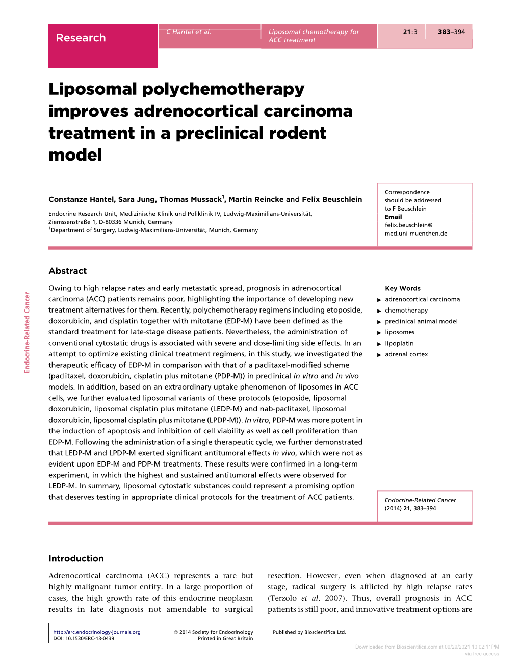 Liposomal Polychemotherapy Improves Adrenocortical Carcinoma Treatment in a Preclinical Rodent Model