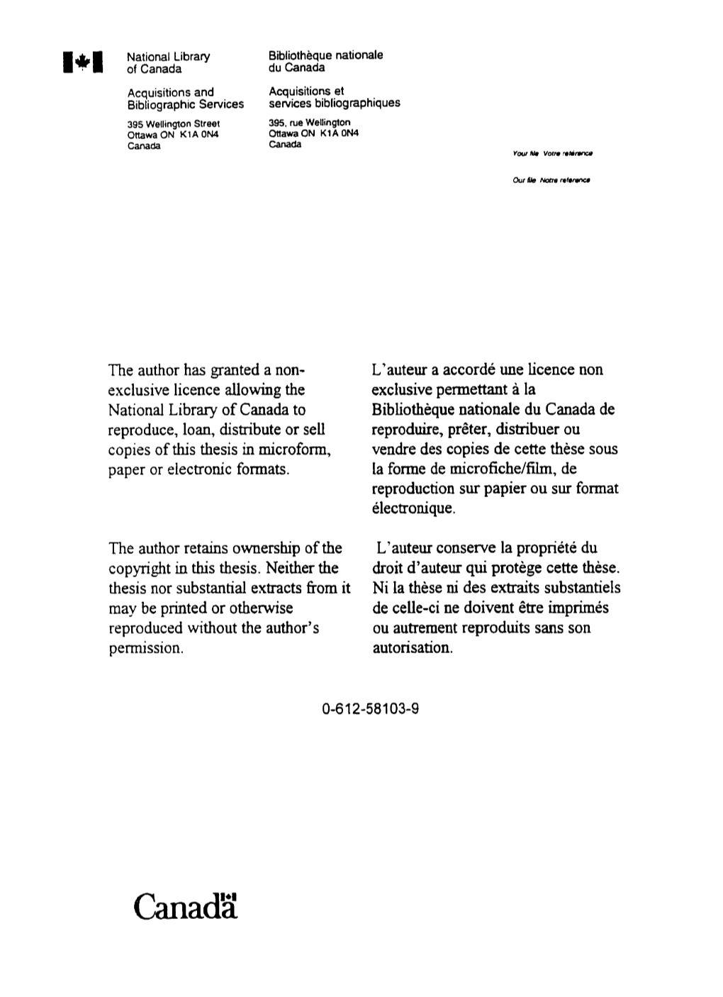 1 of Canada Du Canada Acquisitions and Acquisitions Et Bibliographie Services Services Bibliographiques 395 Wellington Street 395