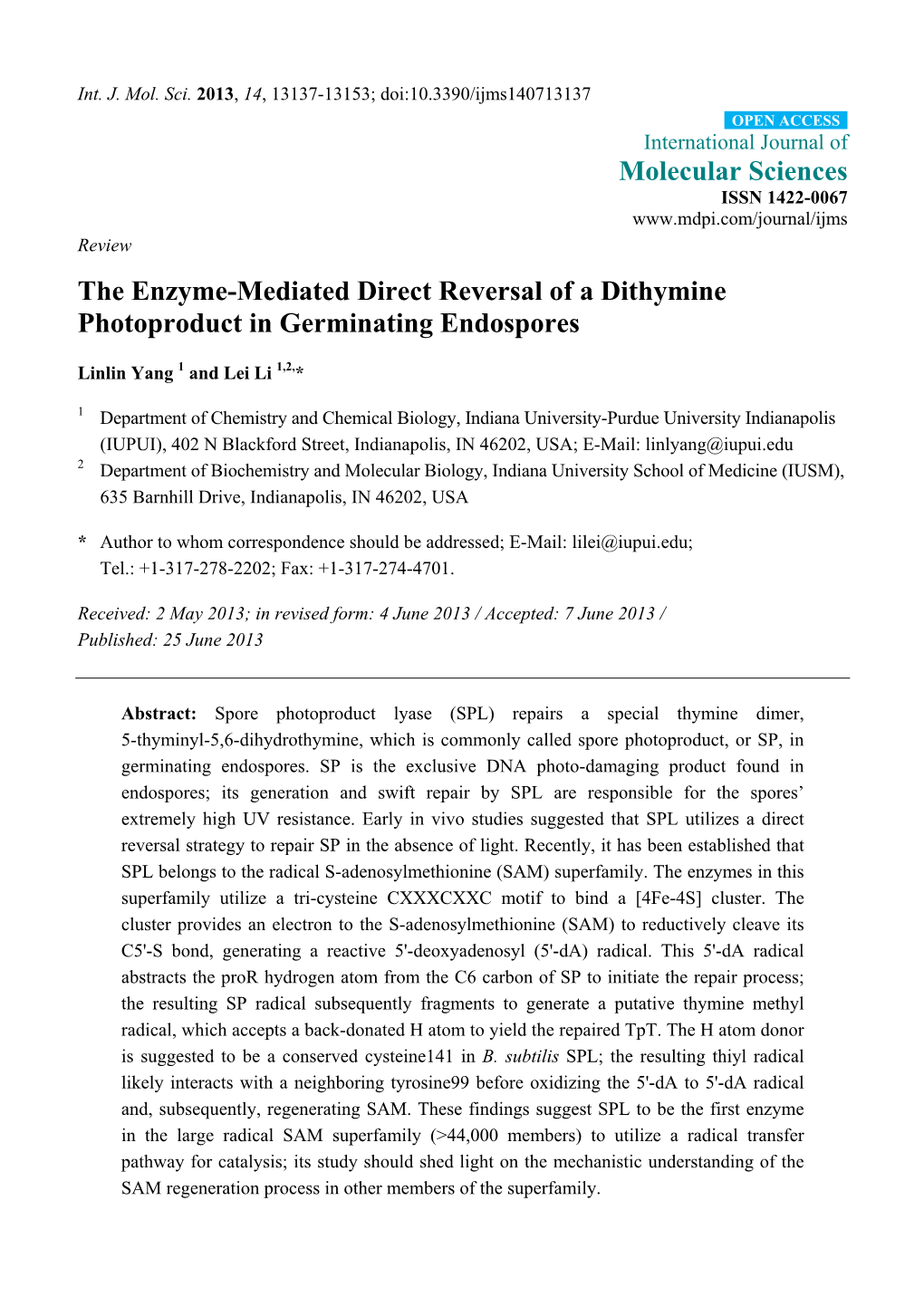 The Enzyme-Mediated Direct Reversal of a Dithymine Photoproduct in Germinating Endospores