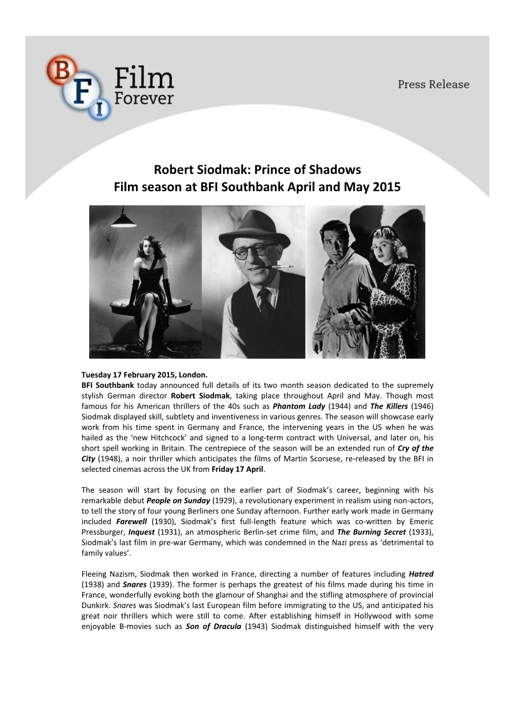 Robert Siodmak: Prince of Shadows Film Season at BFI Southbank April and May 2015