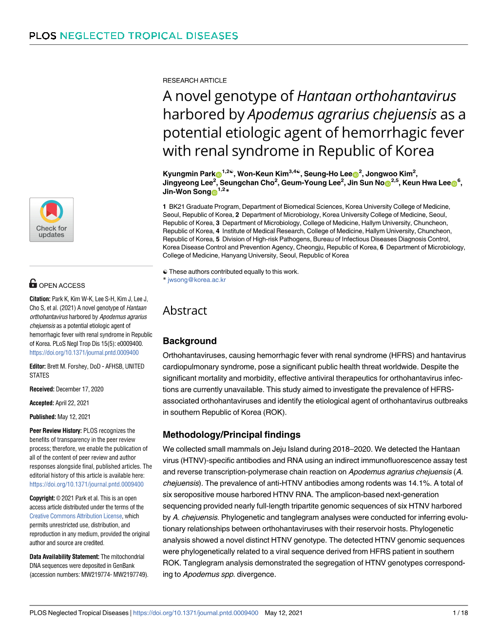 A Novel Genotype of Hantaan Orthohantavirus Harbored By