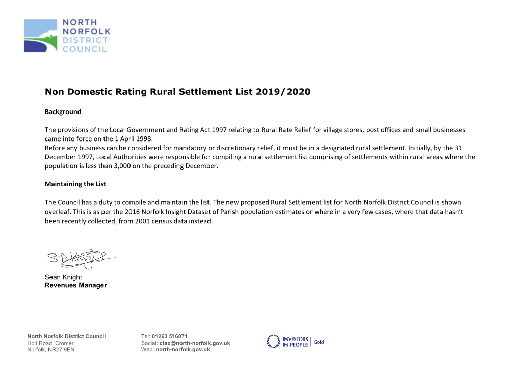 Non Domestic Rating Rural Settlement List 2019/2020