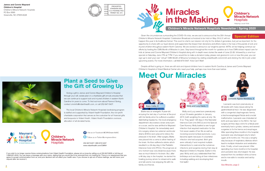 Miracles in the Making Children’S Miracle Network Hospitals Newsletter | Spring 2020