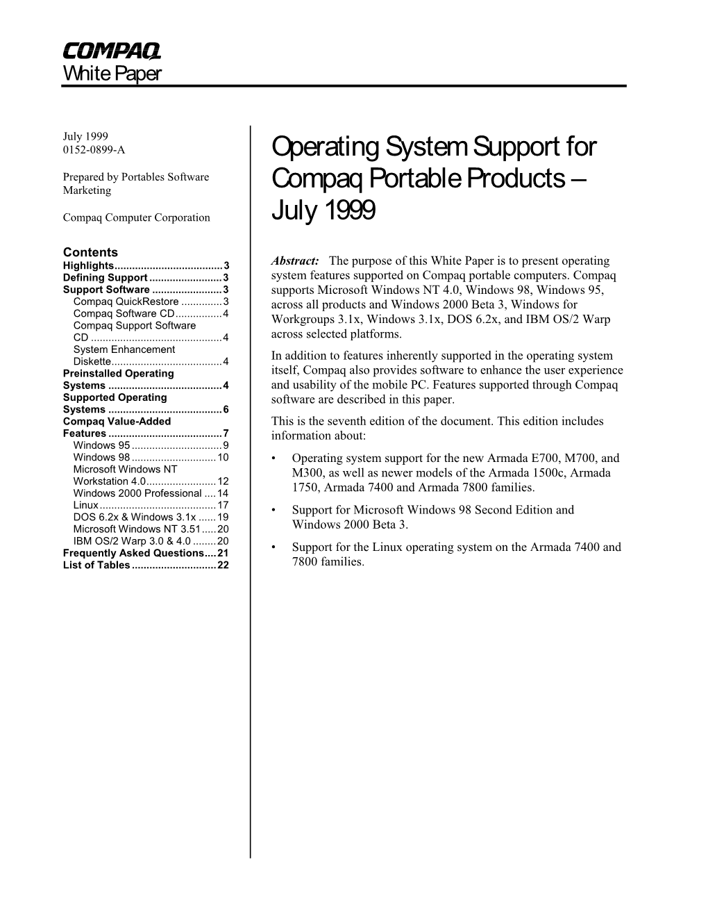 Operating System Support for Compaq Portable Products – July