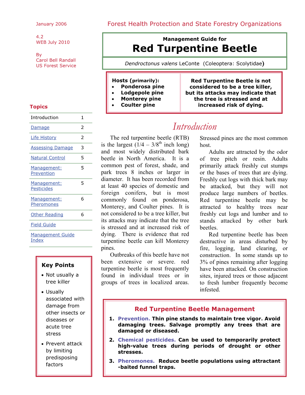 Red Turpentine Beetle by Carol Bell Randall US Forest Service Dendroctonus Valens Leconte (Coleoptera: Scolytidae)