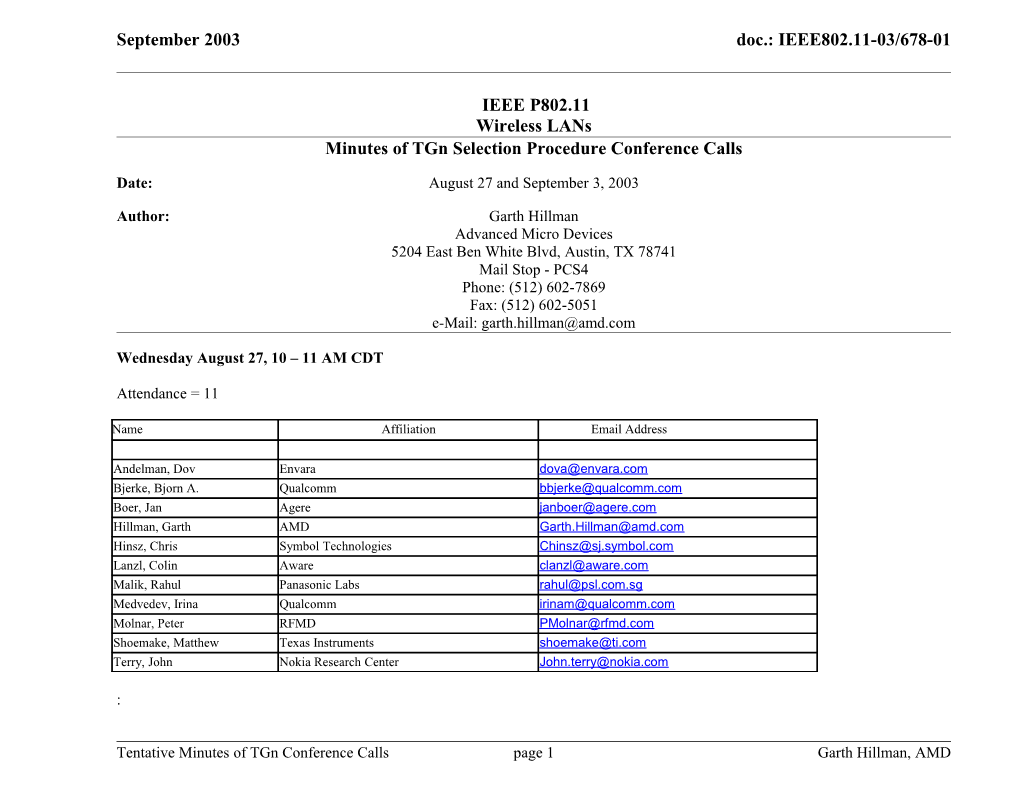 Minutes of Tgn Selection Procedure Conference Calls