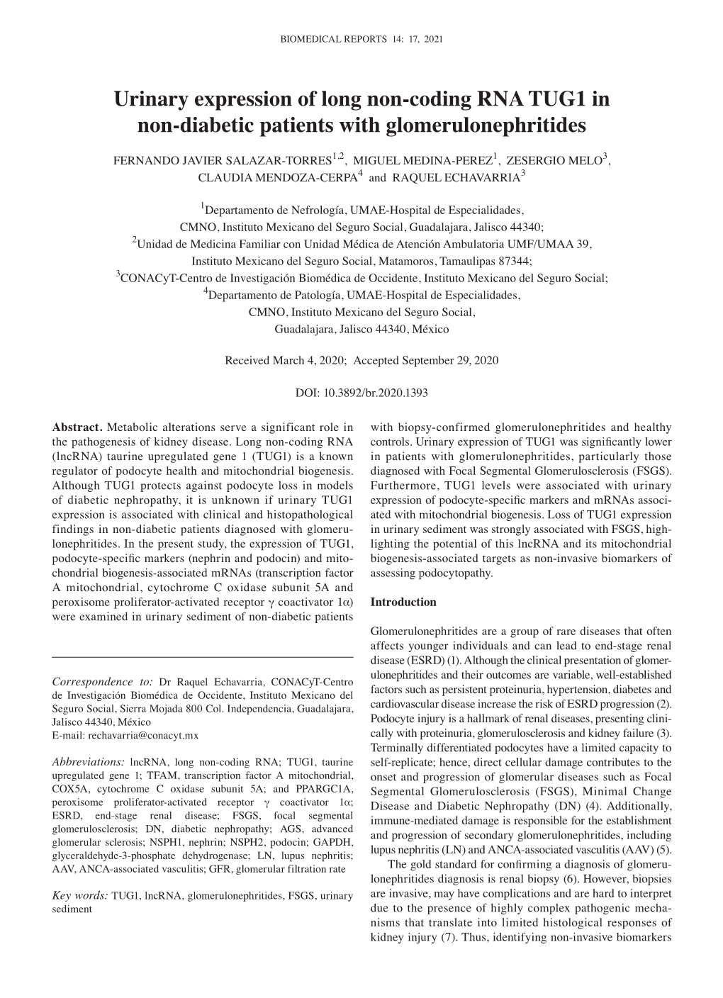 Urinary Expression of Long Non‑Coding RNA TUG1 in Non‑Diabetic Patients with Glomerulonephritides