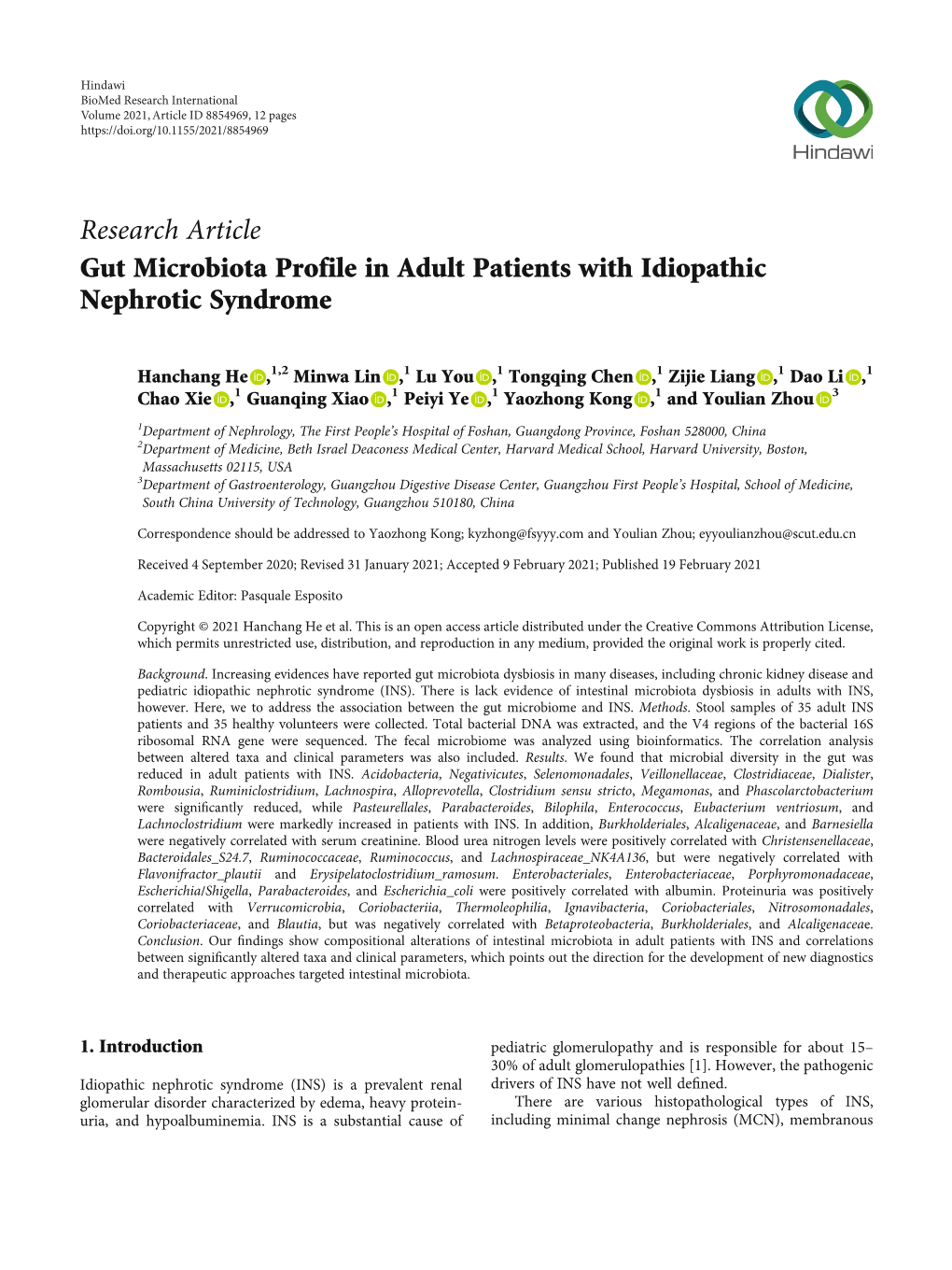 Gut Microbiota Profile in Adult Patients with Idiopathic Nephrotic Syndrome