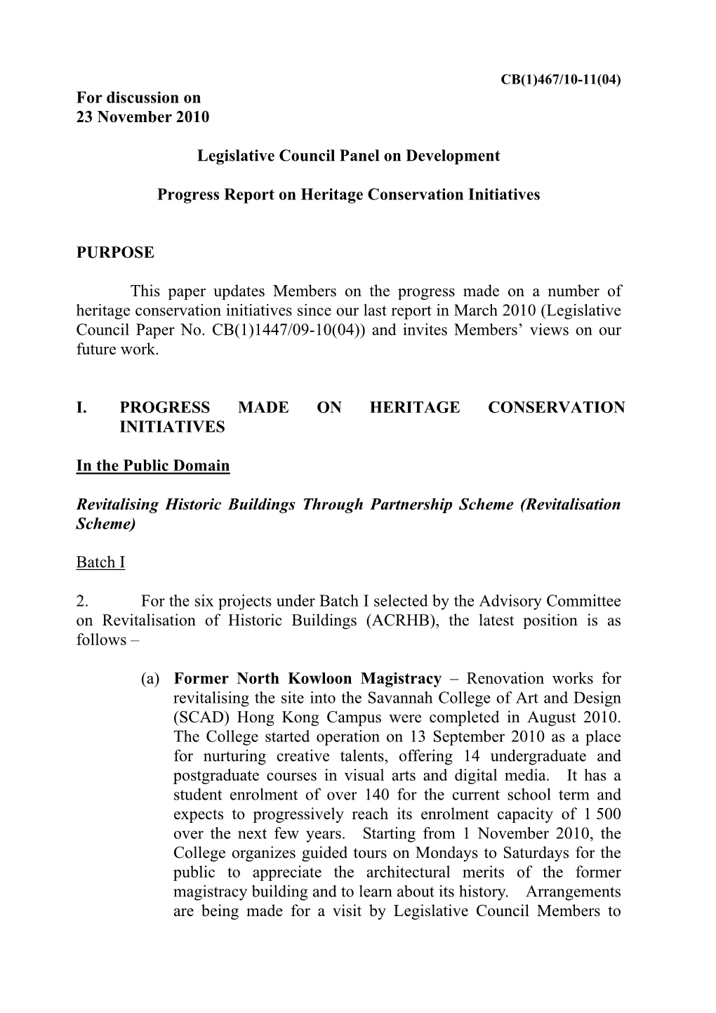 For Discussion on 23 November 2010 Legislative Council Panel On