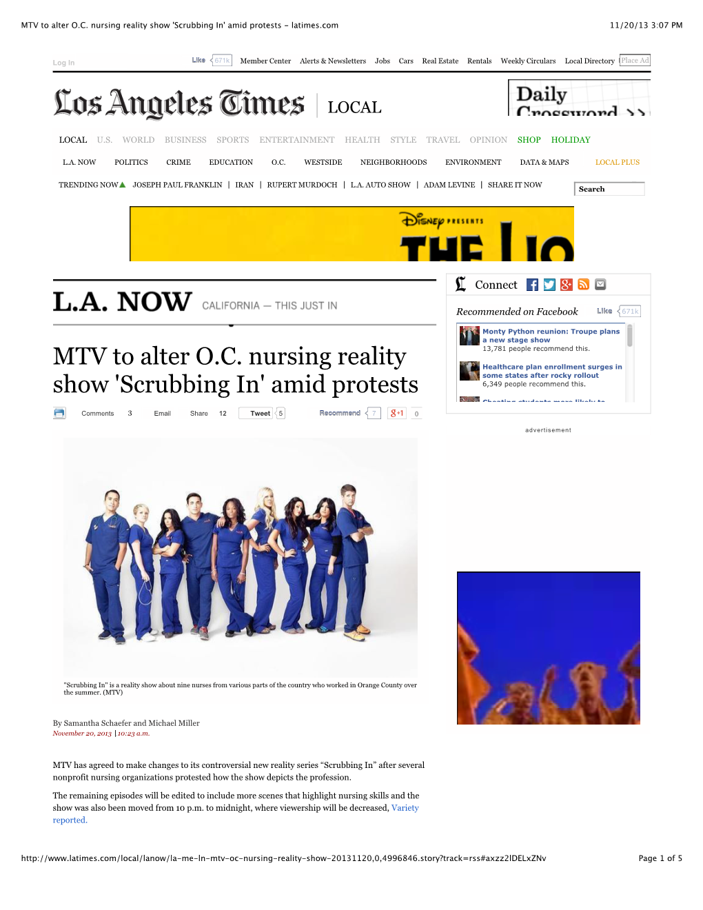 MTV to Alter O.C. Nursing Reality Show 'Scrubbing In' Amid Protests - Latimes.Com 11/20/13 3:07 PM