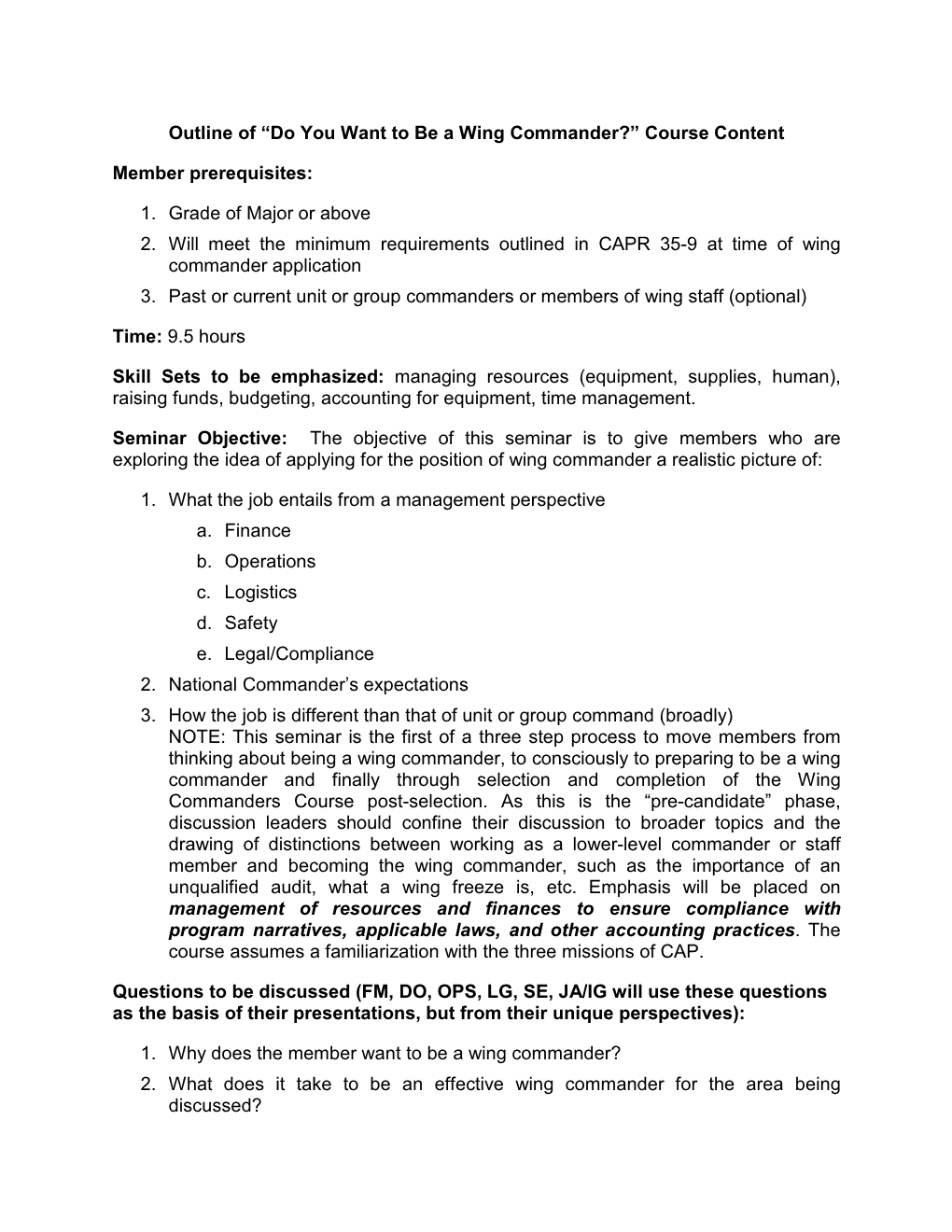 Outline of “Do You Want to Be a Wing Commander?” Course Content